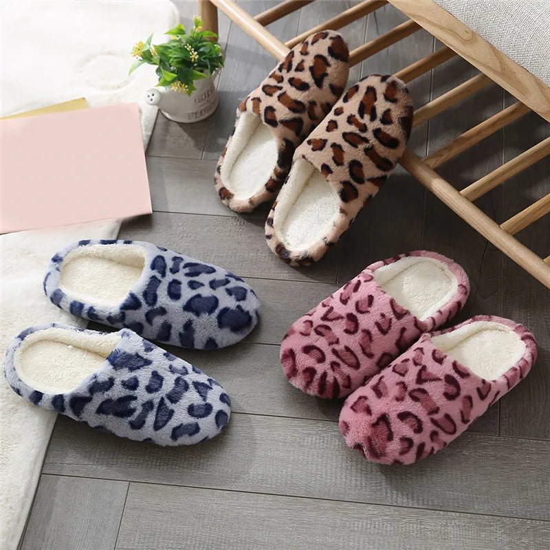 Indoor Bedroom Women Men Couples Floor Shoes Winter Household Fur Slippers Leopard Print Non-Slip Soft Warm House Slides