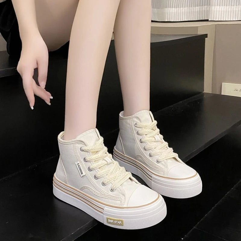 Canvas shoes for women, new spring and autumn 2025 fashion casual sneakers, student thick-soled white breathable leisure shoes