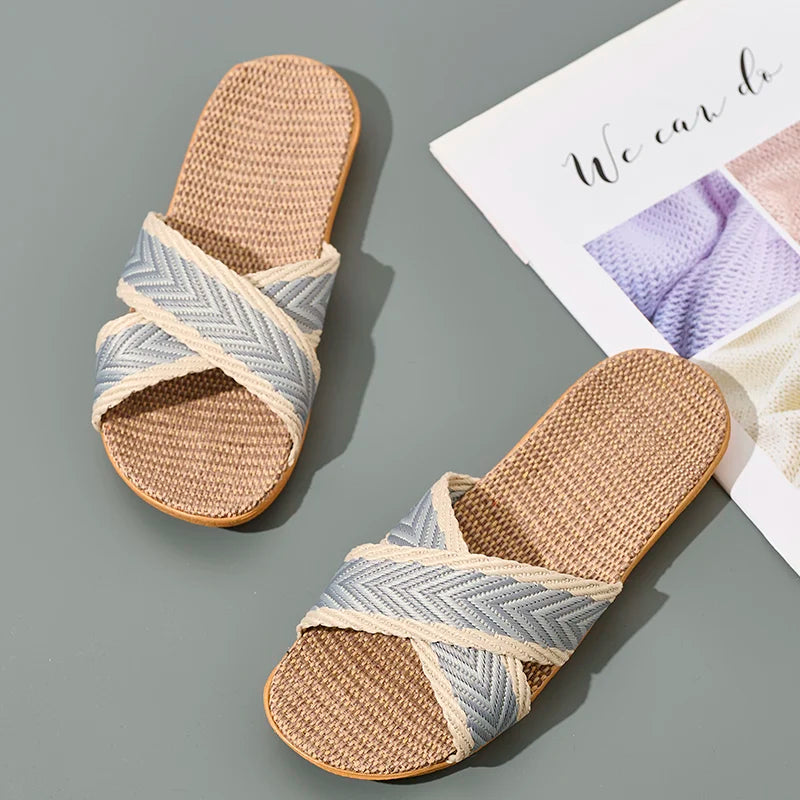 Ladies Linen Indoor Slippers Lightweight Comfortable Home Slippers Breathable Summer Slip-On Sandals