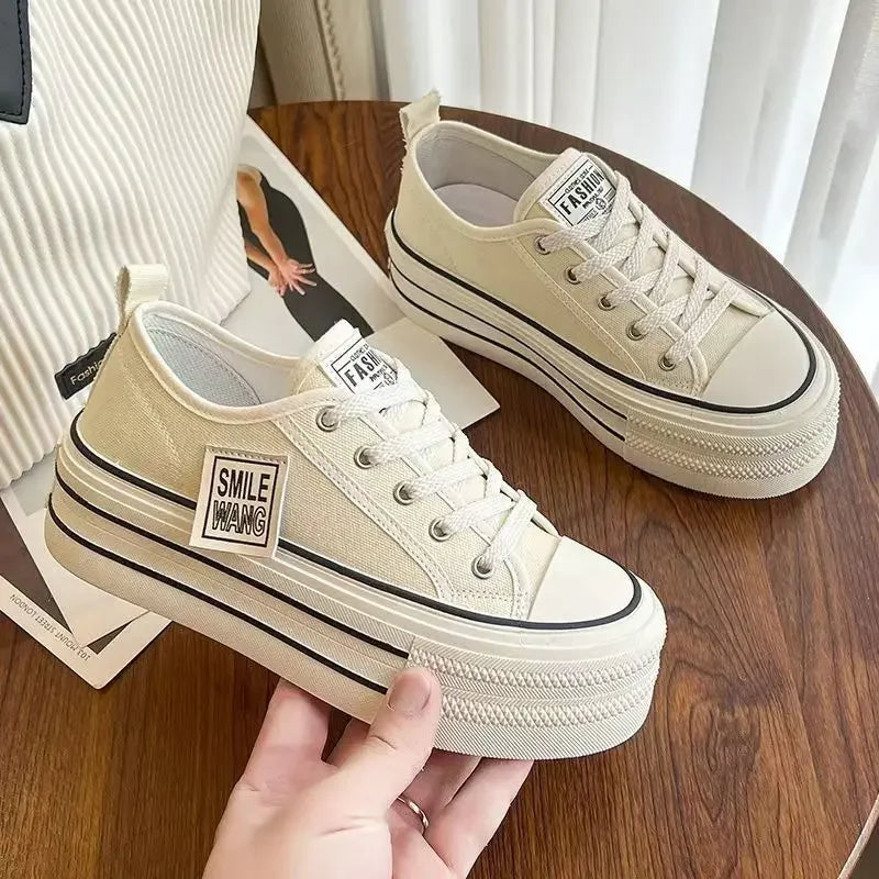 Women Black White Canvas Shoes Platform Sneakers Lace Up Comfortable Shoes Fashion Outdoor Versatile Sport Vulcanize Shoes