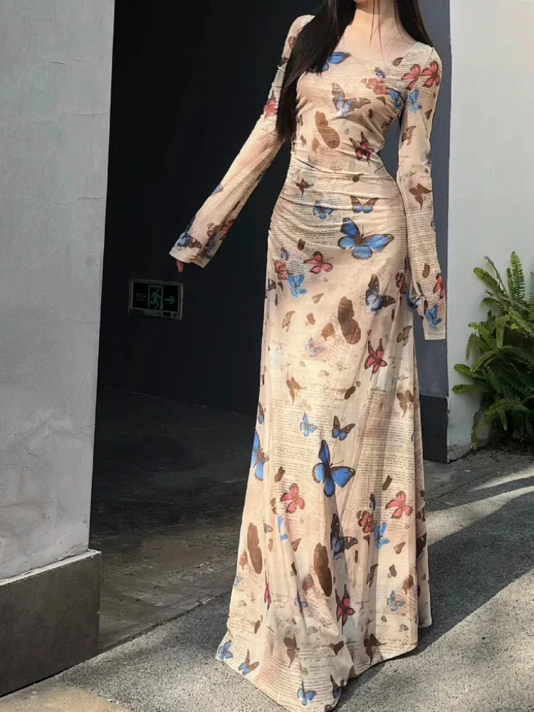 Maxi Dresses Women Vintage Butterfly-print Elegant Holiday Slim Temper Aesthetic Party Fashion Flare Sleeve Vestidos De Mujer