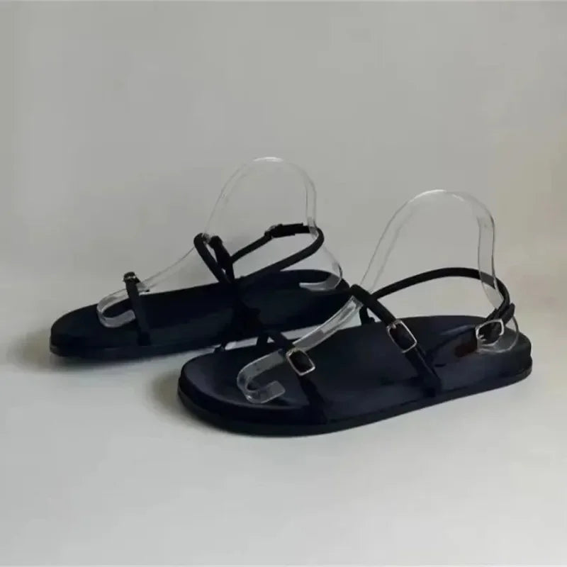 Women Flat Sandals Black Thin Straps 2025 Summer Comfortable Footwear New Design Casual Platform Ladies Beach Shoes Wholesale
