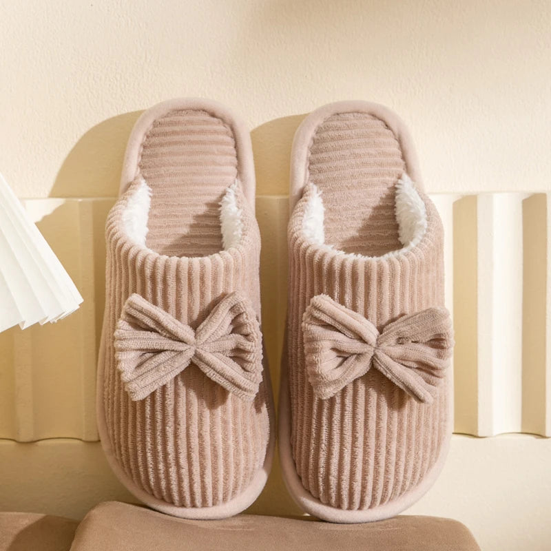 Women’s Bowknot Plush Slippers – Cozy Indoor Fleece Slides