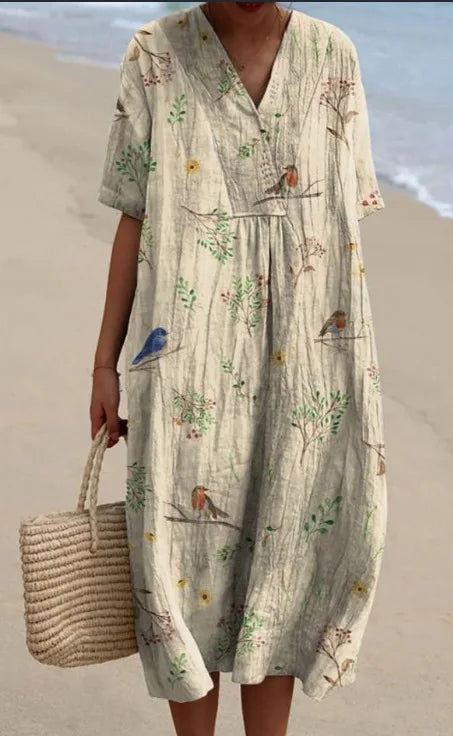 Women Floral Print Summer Maxi Dresses Colorful V Neck Short Sleeve Casual Loose Vacation Workout Beachwear Dress Robe Traf 2025