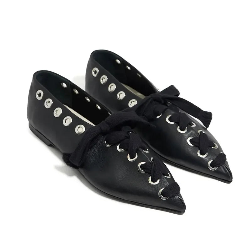 2025 Pointed Toe Flat Bottomed Single Shoes Punk Style New Fashionable Women Shoes Handmade Shoe Double Row Buttonhole