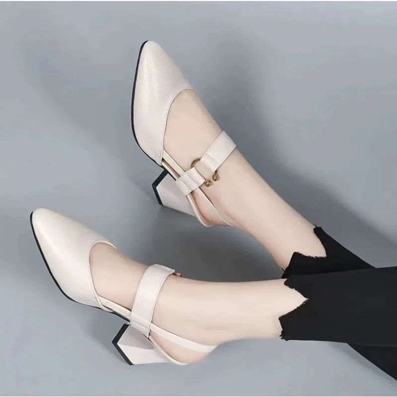 Sandals Baotou New Spring and Summer Medium Heel Block Heel One Buckle Women's Singles High Heels