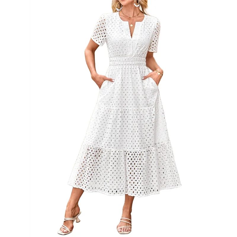 ASDS-Women's Summer Short Sleeve Maxi Dress Casual V Neck Hollow Out Eyelet Ruffle Swing A Line Long Dresses