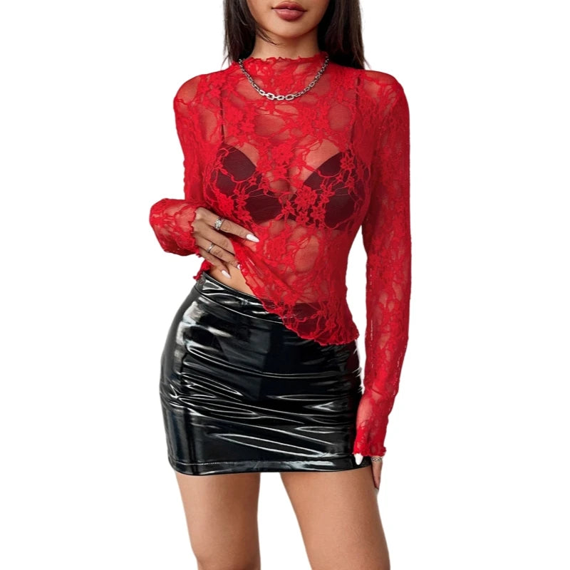 Women's Long Sleeve Floral Mesh Short Tops Casual See Through Mock Neck Sheer Lace Blouses Slim Fit Shirts