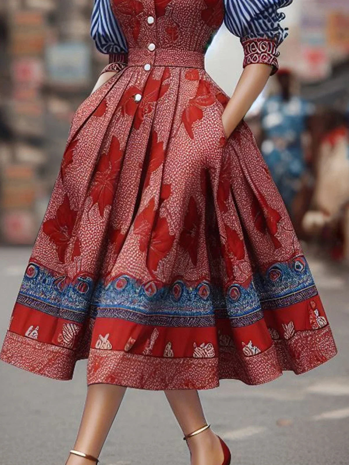 Elegant Bohemian Midi Dress for Women Fashionable Lapel Pleated Striped Floral Pattern Classic Ethnic Style Dress