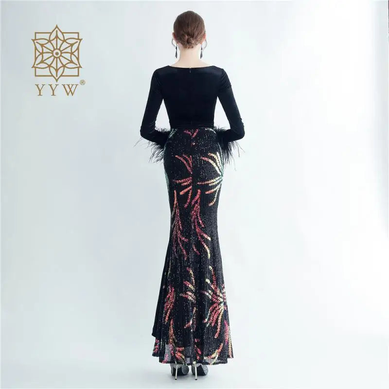 Black Dress For Women 2023 Deep V Autumn Winter Formal Evening Mermaid Long Sleeve Feather Maxi Cocktail Vestidos Celebrity Gown
