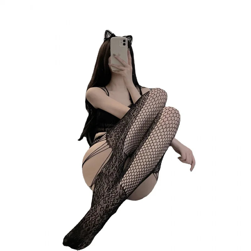 Sexy Snake Print Hollow Fishnet Stockings Woman Black Tights JK Club Internet Celebrity Pantyhose Trendy Thin