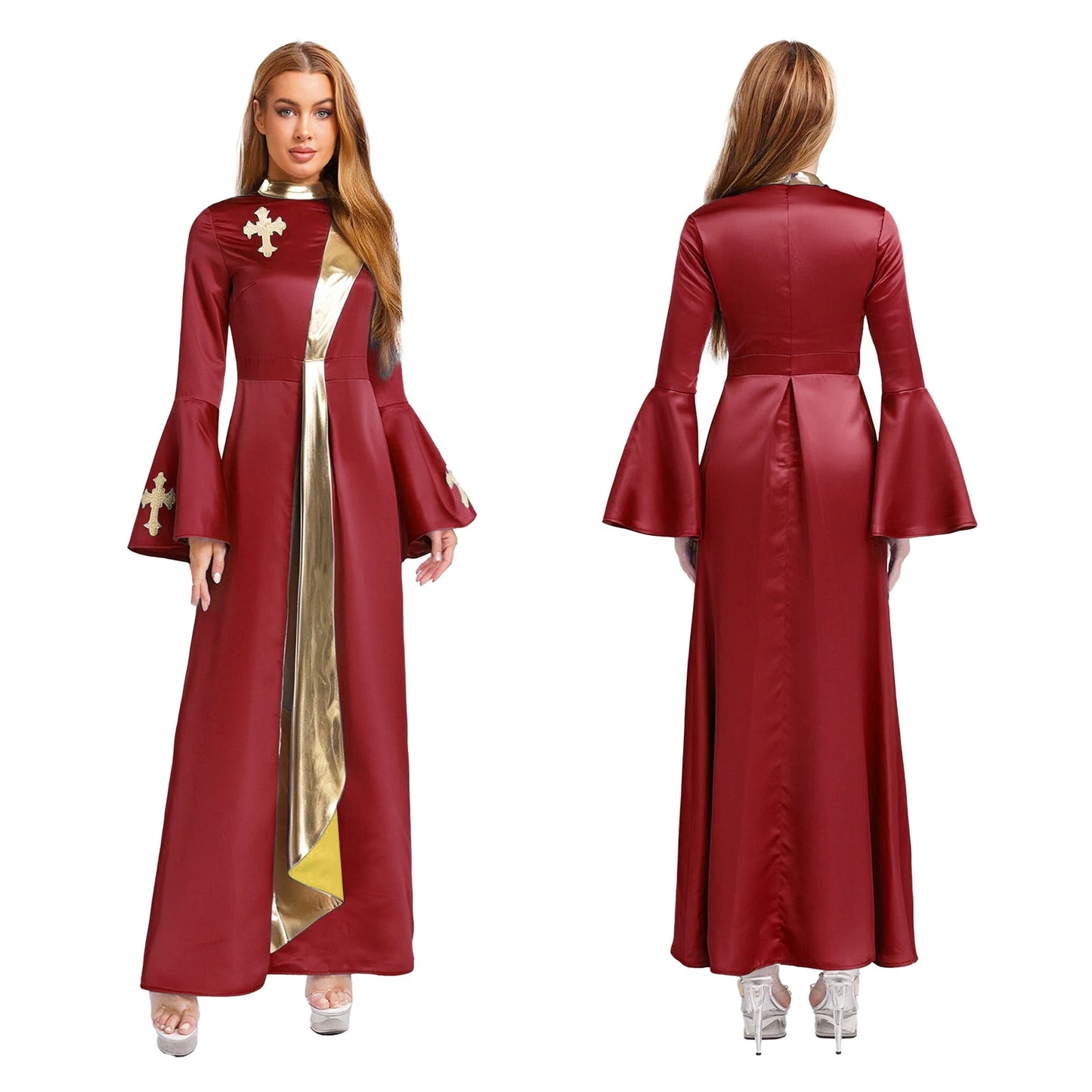 Womens Metallic Shiny Church Priest Clergy Robe Tunic Dress Long Sleeve with Flared Cuffs Cassock Halloween Cosplay Costume