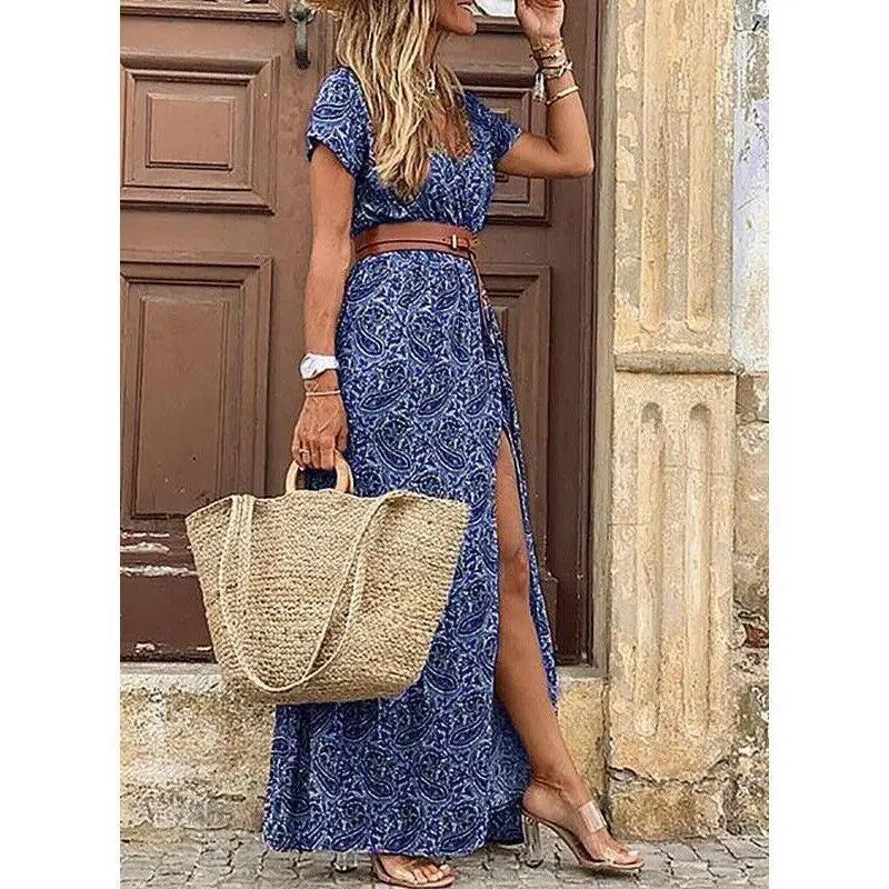 Elegant Floral Pleated H shaped Midi Dress Female V Neck Puff Sleeve Waist Ruched Button Dresses Women Summer Dress Robe