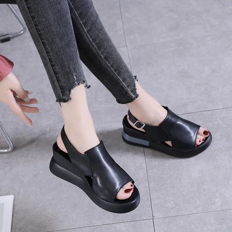 Retro Roman Wedge Sandals – Peep-Toe Beach Shoes with Soft Sole