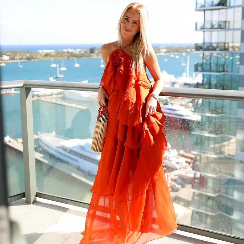 Elelgant 3d Floral Maxi Dress Loose Pleated Hem Halter Robes Sleeveless Ruffles Edge Party Vestidos Lady Summer Gown Clothes