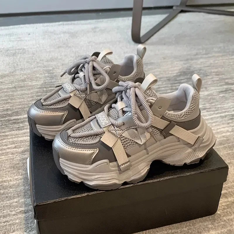 Women's Chunky Sneakers Breathable Mesh Platform Sports Shoes Woman Fashion Lace Up Thick Sole Casual Mujer 2024