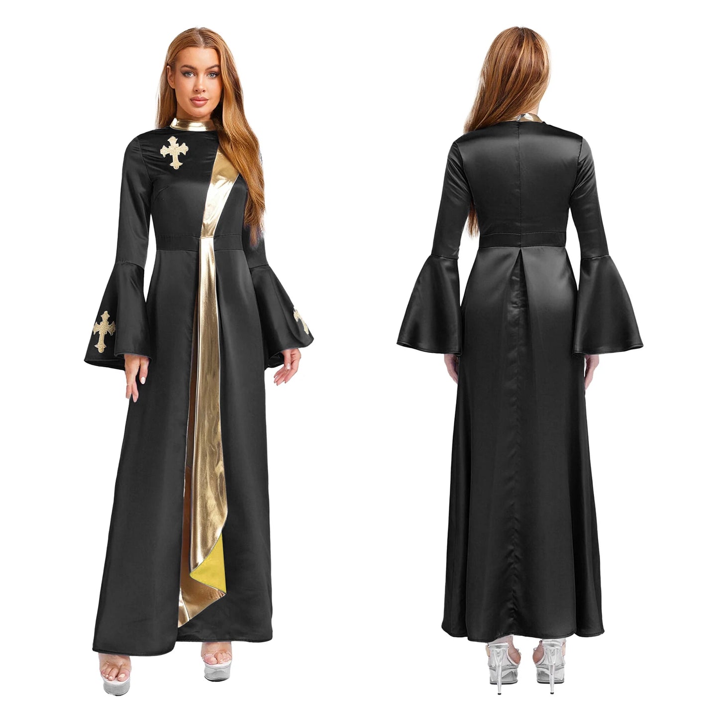 Womens Pastor Church Choir Dress Christian Priest Dress Halloween Costume Metallic Shiny Catholic Clergy Dress with Flared Cuffs