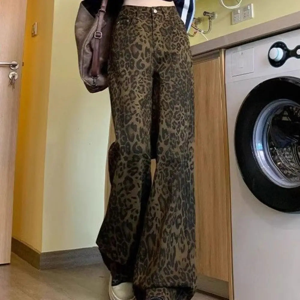 Simple Baggy Leopard Print Jeans Straight Leg Retro Cowboy Pants Ins Style Wide Leg High Waist Pants Party