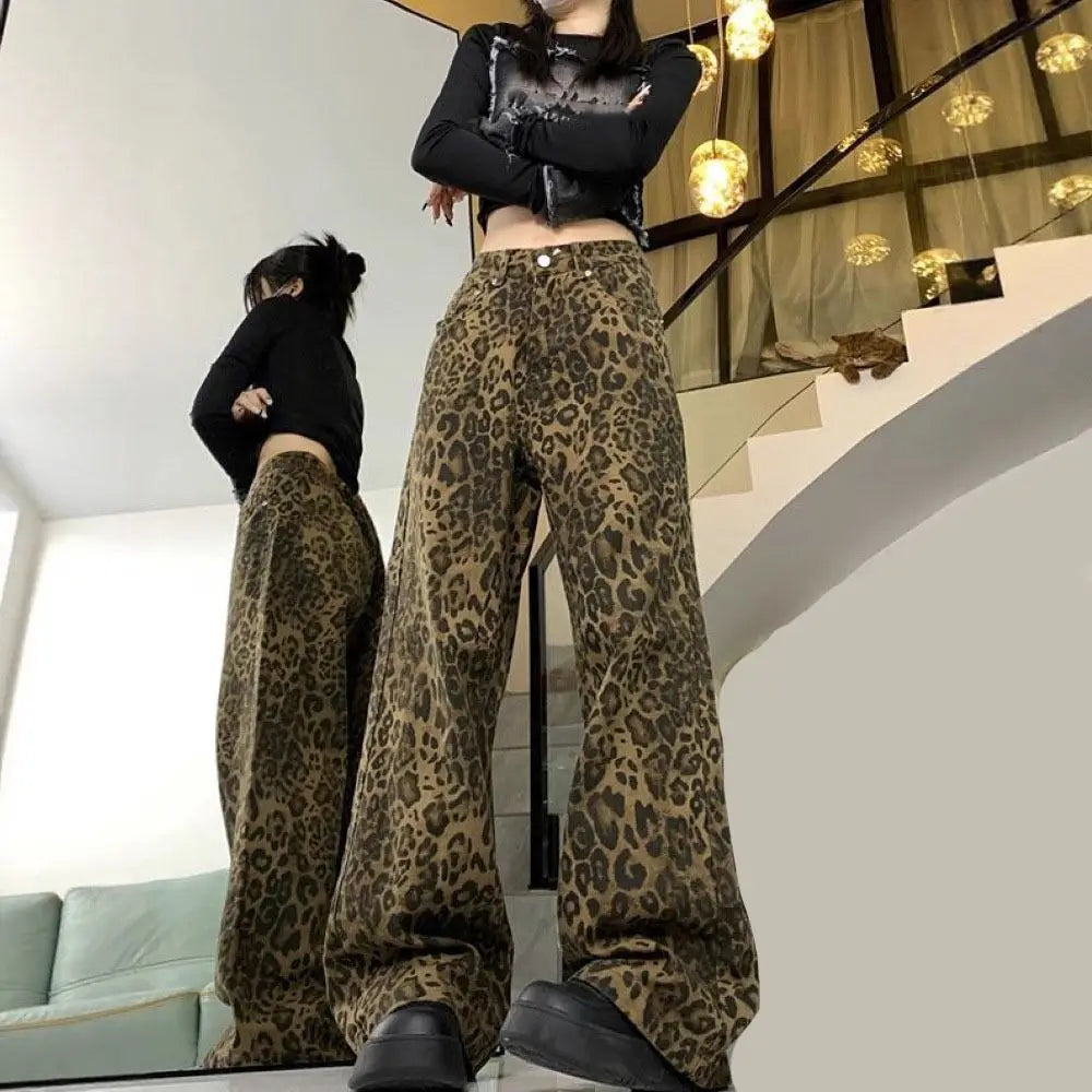 Simple Baggy Leopard Print Jeans Straight Leg Retro Cowboy Pants Ins Style Wide Leg High Waist Pants Party