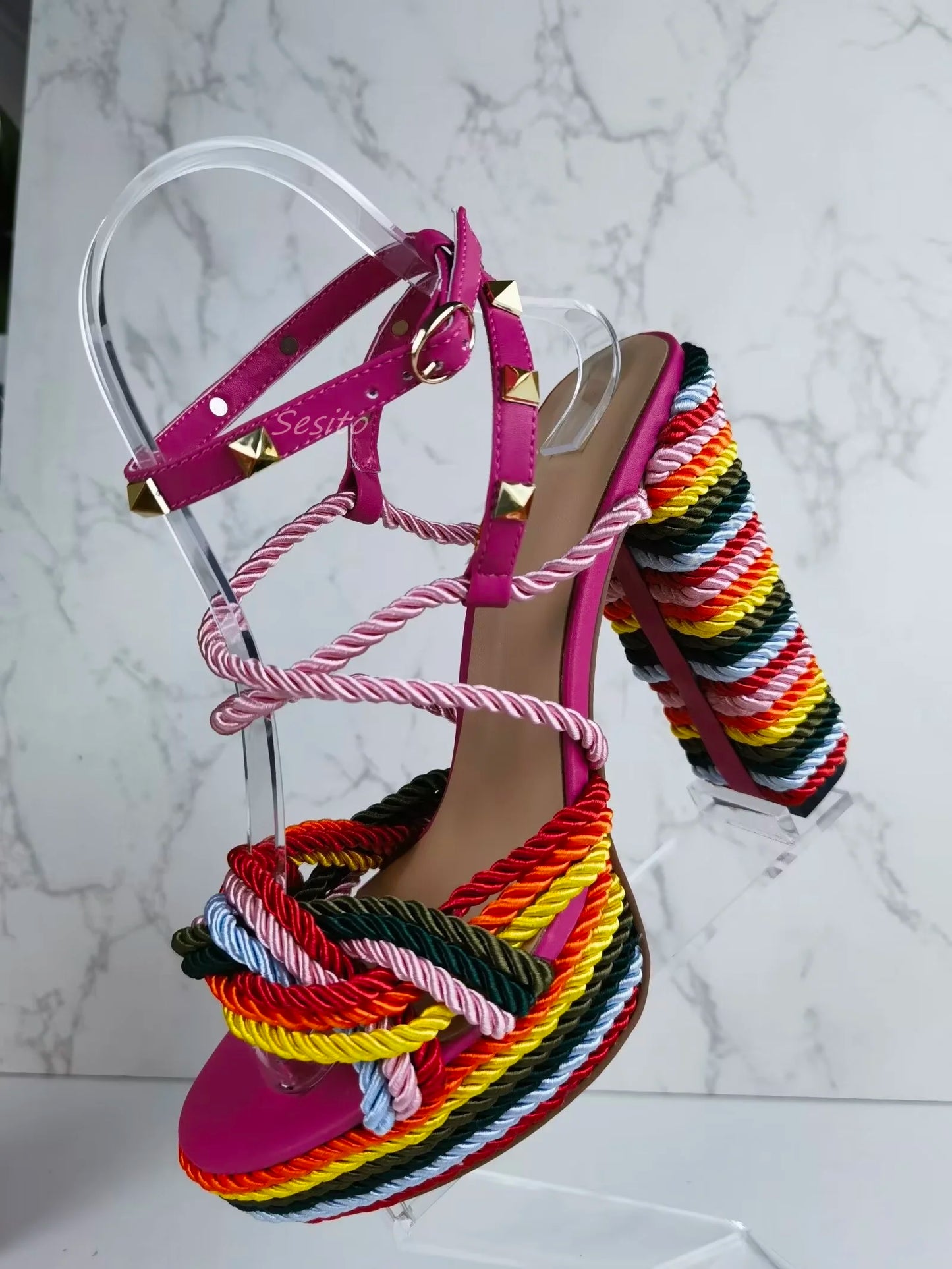 Colorful Rope Platform Sandals Block High Heels Open Toe Ankle Lace Up Fashion Women Summer Dress Party Daily Shoes Rubber Sole