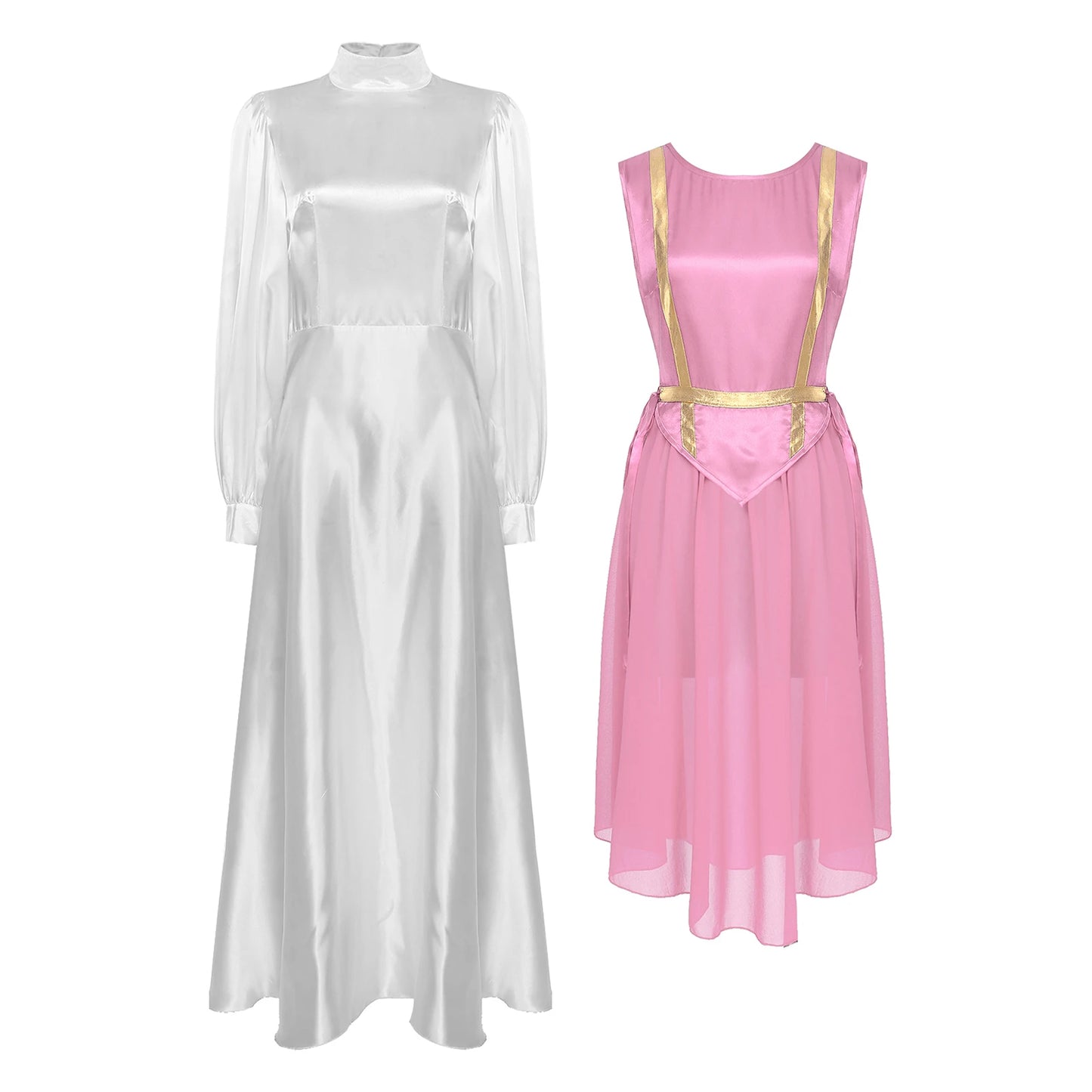 Women Liturgical Dance Choir Performance Costume Round Neck Sleeveless Lace-up Sides Split Satin Tunic Church Worship Dress Gown