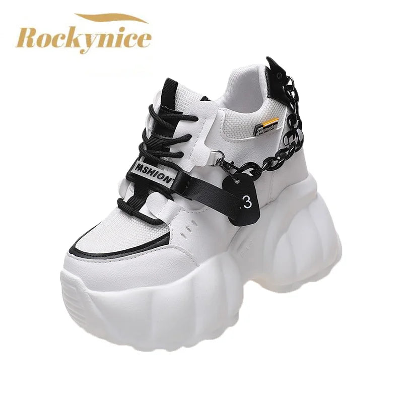 Women Chain Chunky Sneakers White Black Fashion 10CM Thick Sole Casual Ladies Vulcanized Shoes Sport High Platform Sneaker Woman