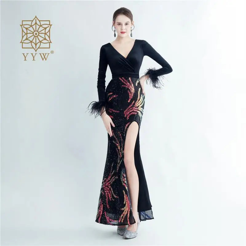 Black Dress For Women 2023 Deep V Autumn Winter Formal Evening Mermaid Long Sleeve Feather Maxi Cocktail Vestidos Celebrity Gown