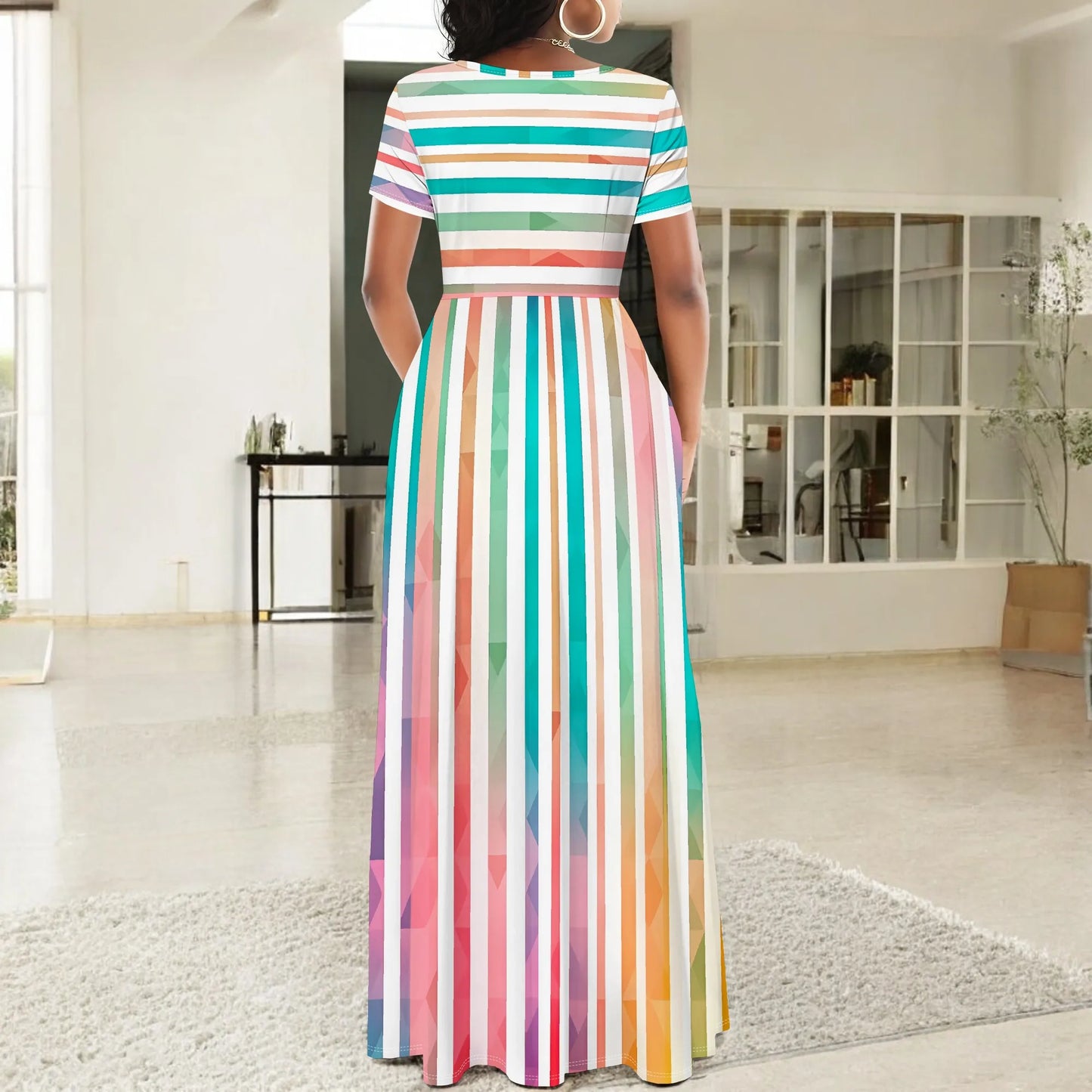 Striped Geometric Colorful Maxi Dress Elegant Casual Round Neck Long Dress