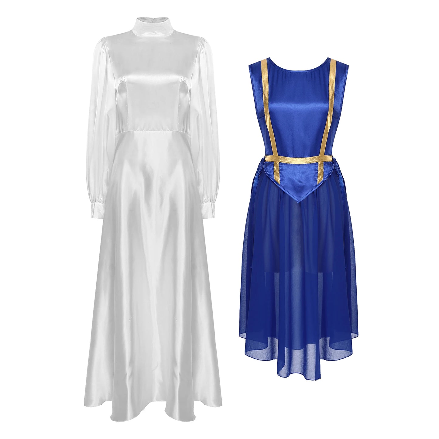 Women Liturgical Dance Choir Performance Costume Round Neck Sleeveless Lace-up Sides Split Satin Tunic Church Worship Dress Gown