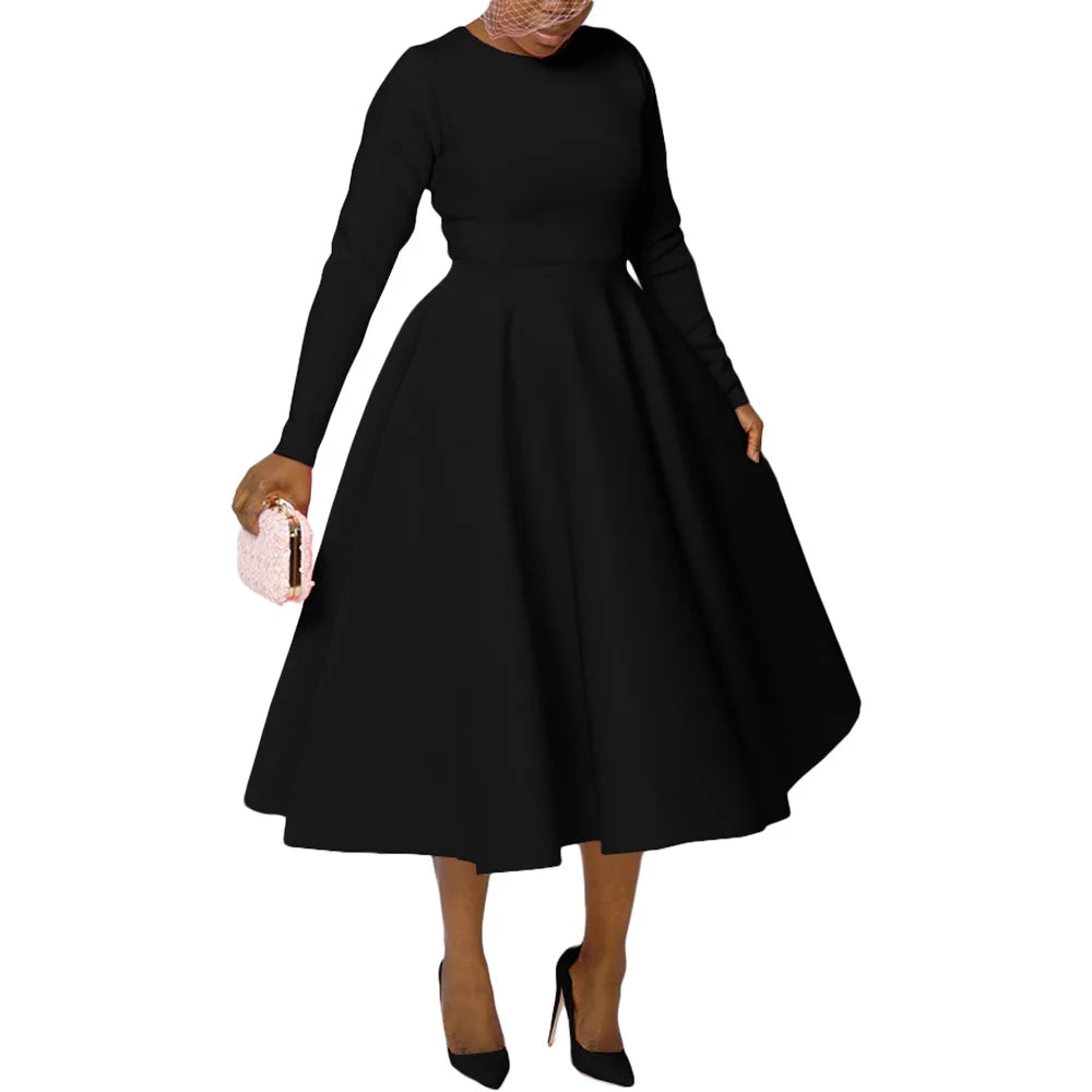 Elegant Church Dresses for Woman 2025 Fall Long Sleeve O Neck High Waisted A-Line Midi Calf Party Cocktail Dress with Pockets