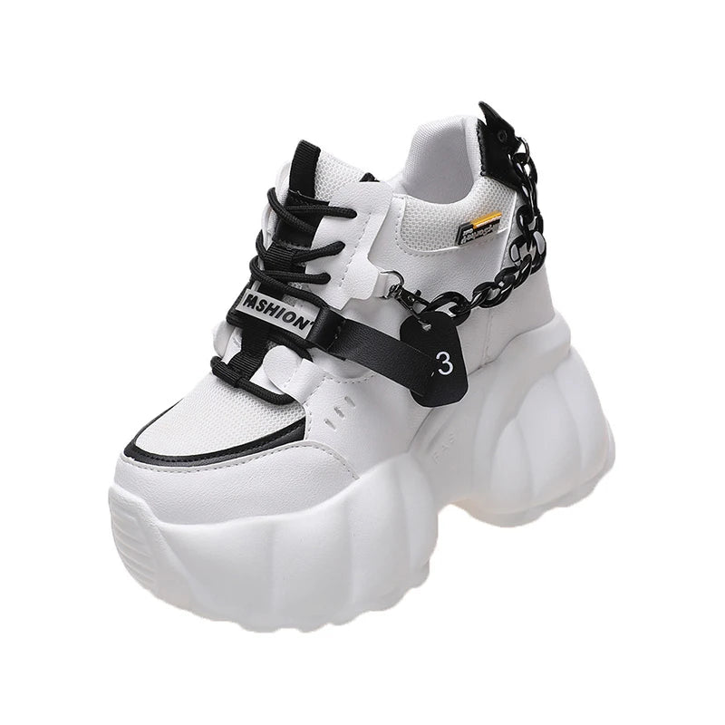 Women Chain Chunky Sneakers White Black Fashion 10CM Thick Sole Casual Ladies Vulcanized Shoes Sport High Platform Sneaker Woman