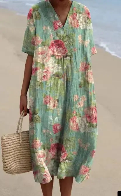 Women Floral Print Summer Maxi Dresses Colorful V Neck Short Sleeve Casual Loose Vacation Workout Beachwear Dress Robe Traf 2025