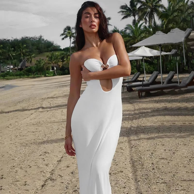 Sexy Strapless Cut Out Bodycon Maxi Dress Women Off Shoulder Backless Solid White Sundress Summer Beach Y2K Clothe