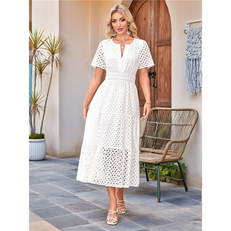 ASDS-Women's Summer Short Sleeve Maxi Dress Casual V Neck Hollow Out Eyelet Ruffle Swing A Line Long Dresses