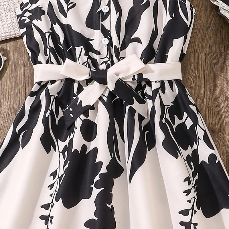 Modest Girls Dress White Printed Belted Wing-Sleeve Maxi Dress Elegnat Vintage Style Kids Dress Communion Festival Banquet