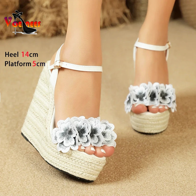 Womens Flower Wedge Sandals - 14 cm Platform Heels Peep Toe Buckle Strap