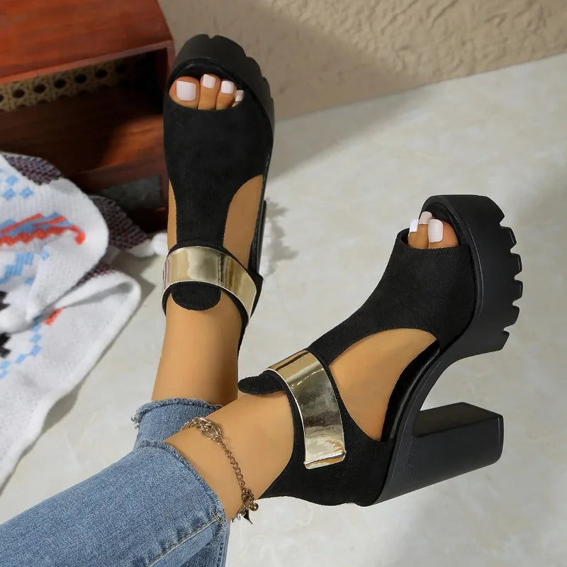 Women Classic High Heel Sandals Fashion New Round Toe Suede Open Toe Cutout Platform Rear Zipper Non-Slip Block Heel Shoes