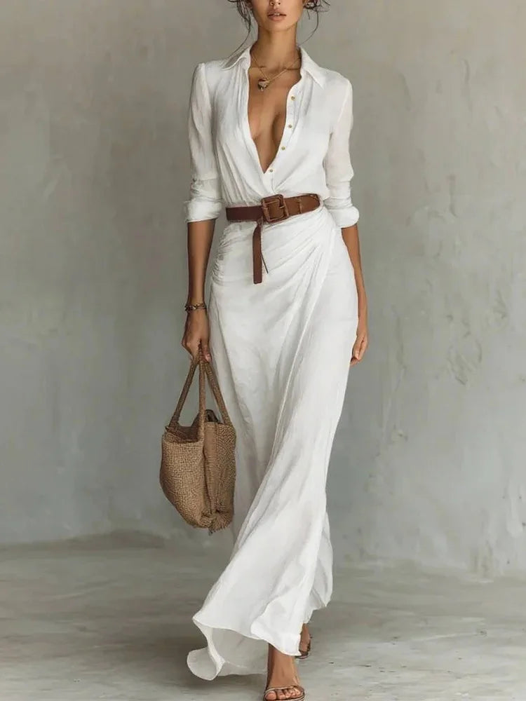 Elegant Shirt Maxi Dress with Belt Women Autumn Turn Down Collar Buttons Long Sleeve Robe Streetwear Office Ladies Dresses Black