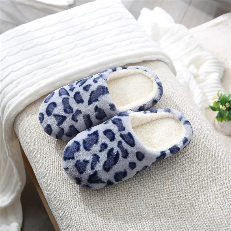 Indoor Bedroom Women Men Couples Floor Shoes Winter Household Fur Slippers Leopard Print Non-Slip Soft Warm House Slides