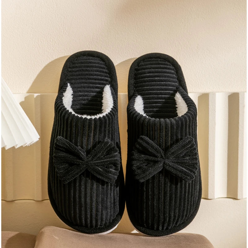 Women’s Bowknot Plush Slippers – Cozy Indoor Fleece Slides