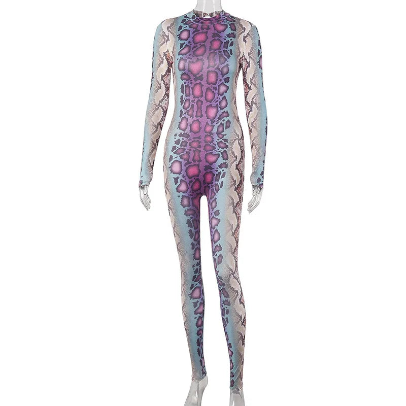 Women's Summer New Snake Patterned Long Sleeved Tight Fitting Jumpsuit One-piece Pants High Street Matching Nightclub Matching