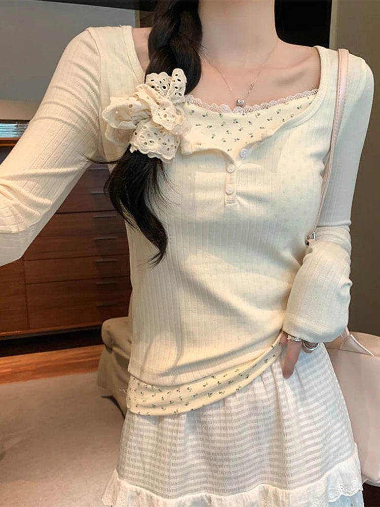 Floral Patchwork Long Sleeve T-shirt False Two-piece Lace Women Top 2025 Spring Slimming T-shirt Fashion Korean Style Clothing