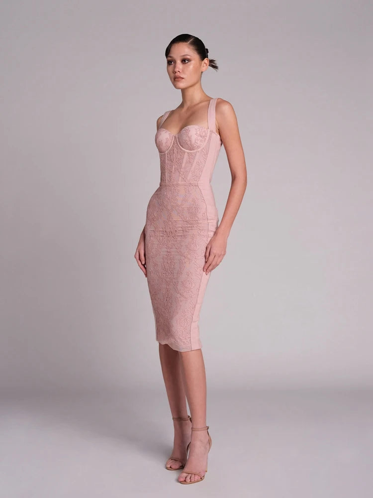 VC Midi Dresses For Women Chic And Elegant Square Collar Sleeveless Lace Patchwork Bandage Cocktail Party Vestidos