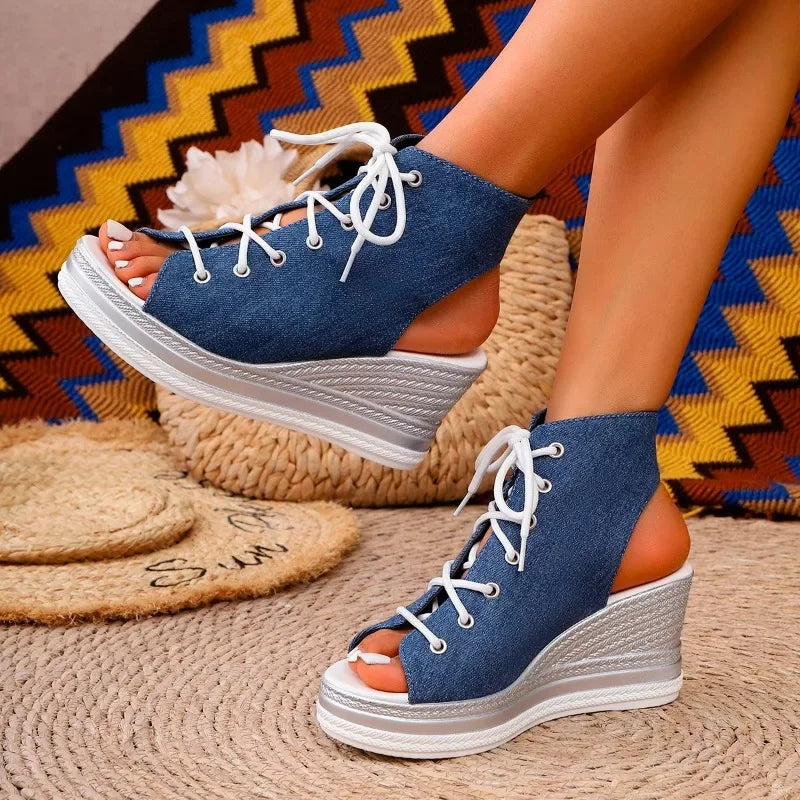 Wedge Sandals Women Summer New Round Toe Open Toe Front Strappy Platform Non-Slip Wear-Resistant Back Empty Heels Shoes