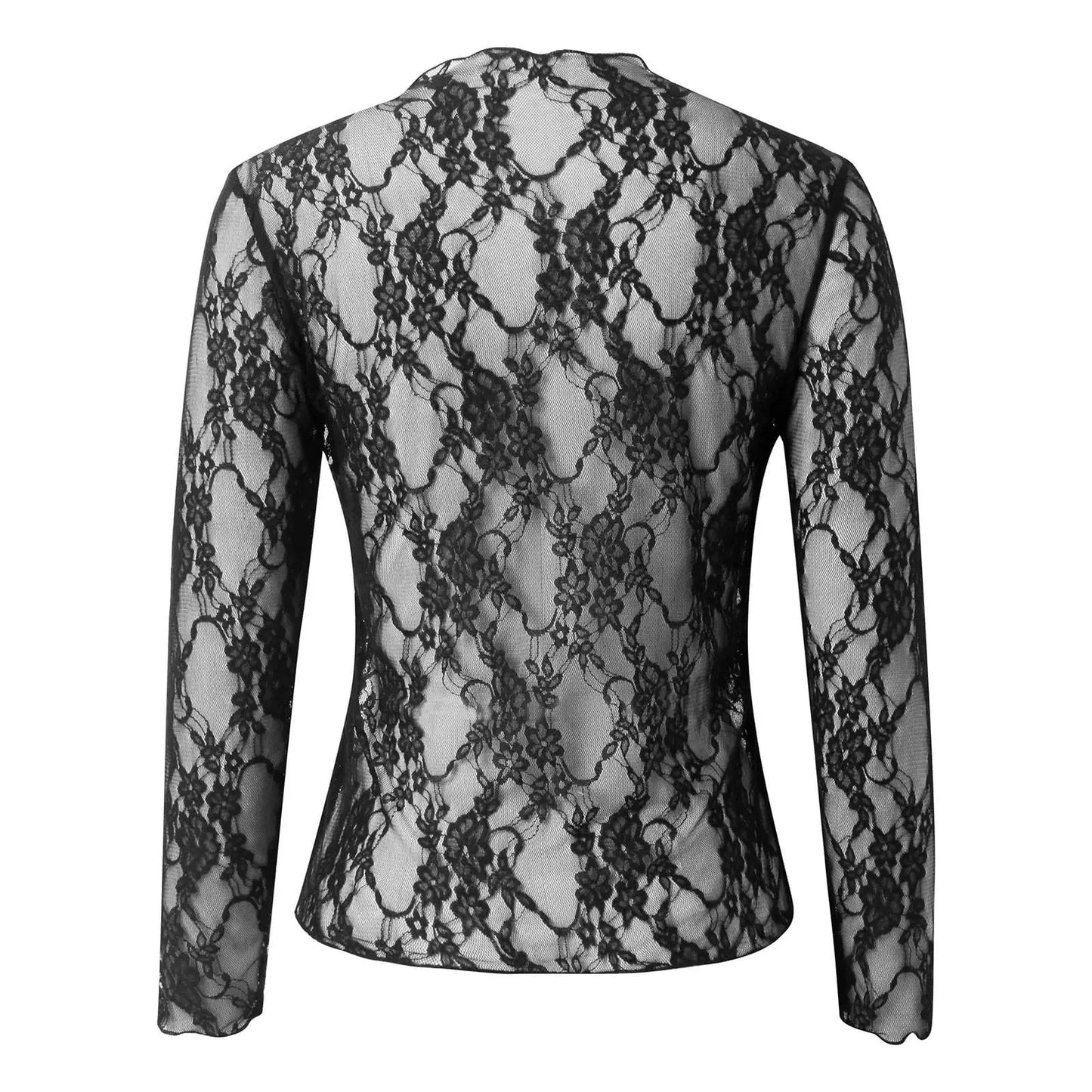 Women's Long Sleeve Floral Mesh Short Tops Casual See Through Mock Neck Sheer Lace Blouses Slim Fit Shirts
