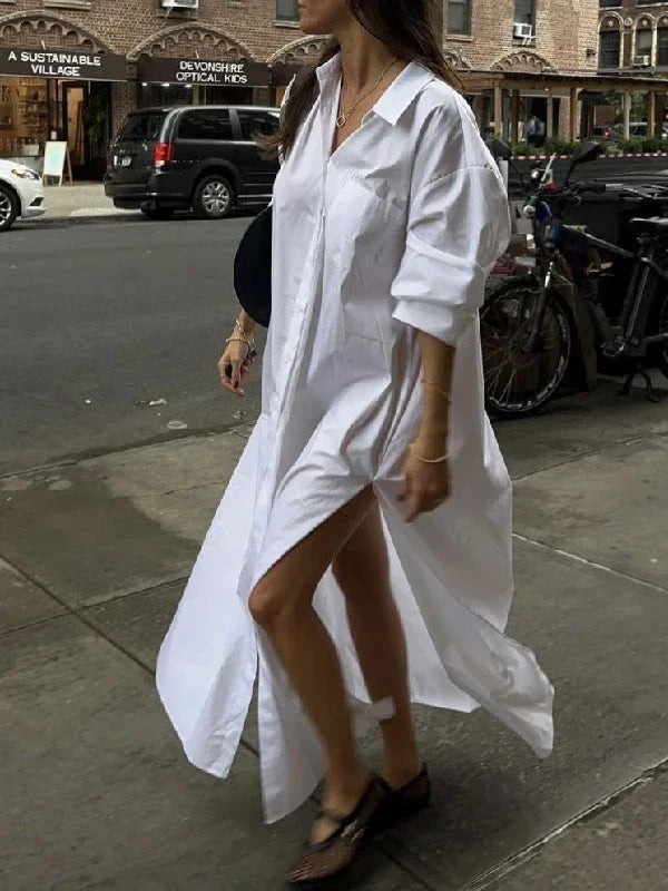 White Maxi Dresses for Women 2025 Spring Summer Clothing Split-side Woman Simple Casual Buttoned Long Shirt Dress
