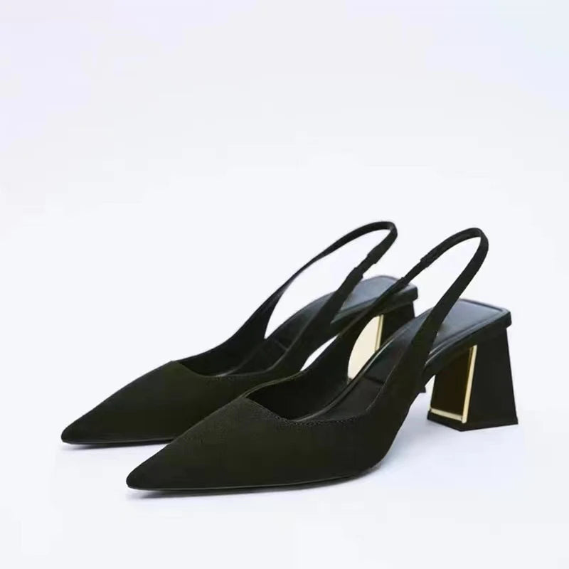 Fashion Block Heel Slingbacks Women 2023 Fall Pointed Toe Pumps Elegant Office Ladies High Heels Women's Comfortable Sandals