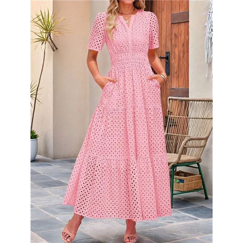 ASDS-Women's Summer Short Sleeve Maxi Dress Casual V Neck Hollow Out Eyelet Ruffle Swing A Line Long Dresses