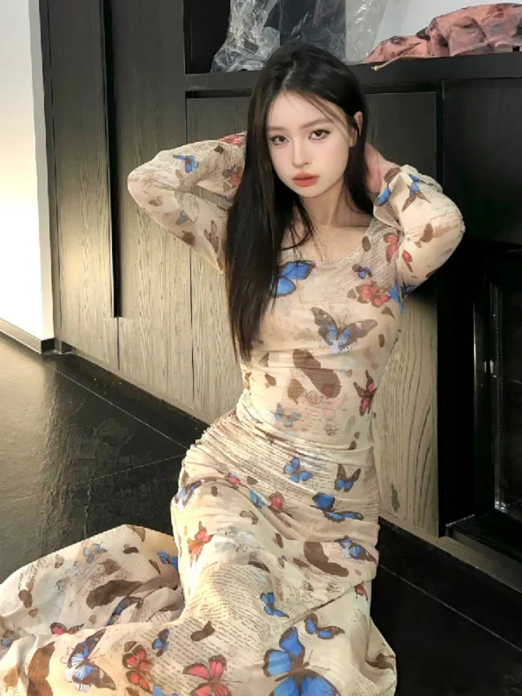 Maxi Dresses Women Vintage Butterfly-print Elegant Holiday Slim Temper Aesthetic Party Fashion Flare Sleeve Vestidos De Mujer