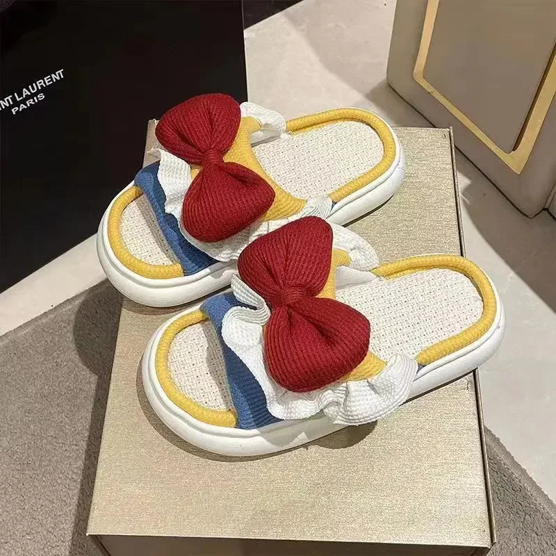 Summer Women's Linen Slippers Indoor Home Non-slip Shoes Cute Platform Sandals Fashionable Black Bow Shoes Soft and Comfortable